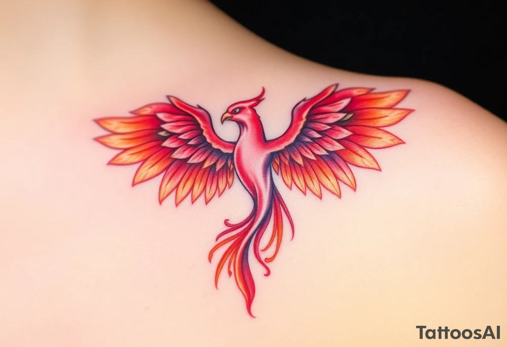 Square, phoenix rising from fire with both wings opened, colors red, pink, orange and purple. tattoo idea