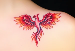 Square, phoenix rising from fire with both wings opened, colors red, pink, orange and purple. tattoo idea