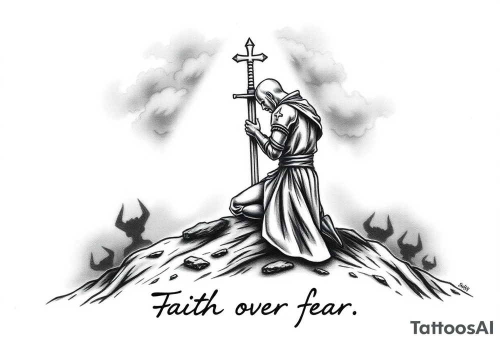 A croisades knight kneels in prayer, atop a hill, The hill is surrounded by a shadowy suggestion of a recent battle with demons.  above him the clouds part, light shining down on him like a spotlight, guiding from above.  His head bowed, sword held to his chest, hilt up, to form a cross.  Below the image a simple and tasteful hand written caption reads "Faith over fear" tattoo idea