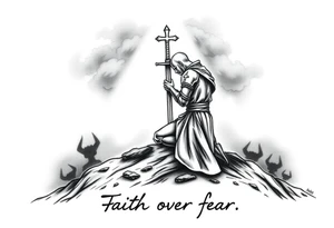 A croisades knight kneels in prayer, atop a hill, The hill is surrounded by a shadowy suggestion of a recent battle with demons.  above him the clouds part, light shining down on him like a spotlight, guiding from above.  His head bowed, sword held to his chest, hilt up, to form a cross.  Below the image a simple and tasteful hand written caption reads "Faith over fear" tattoo idea