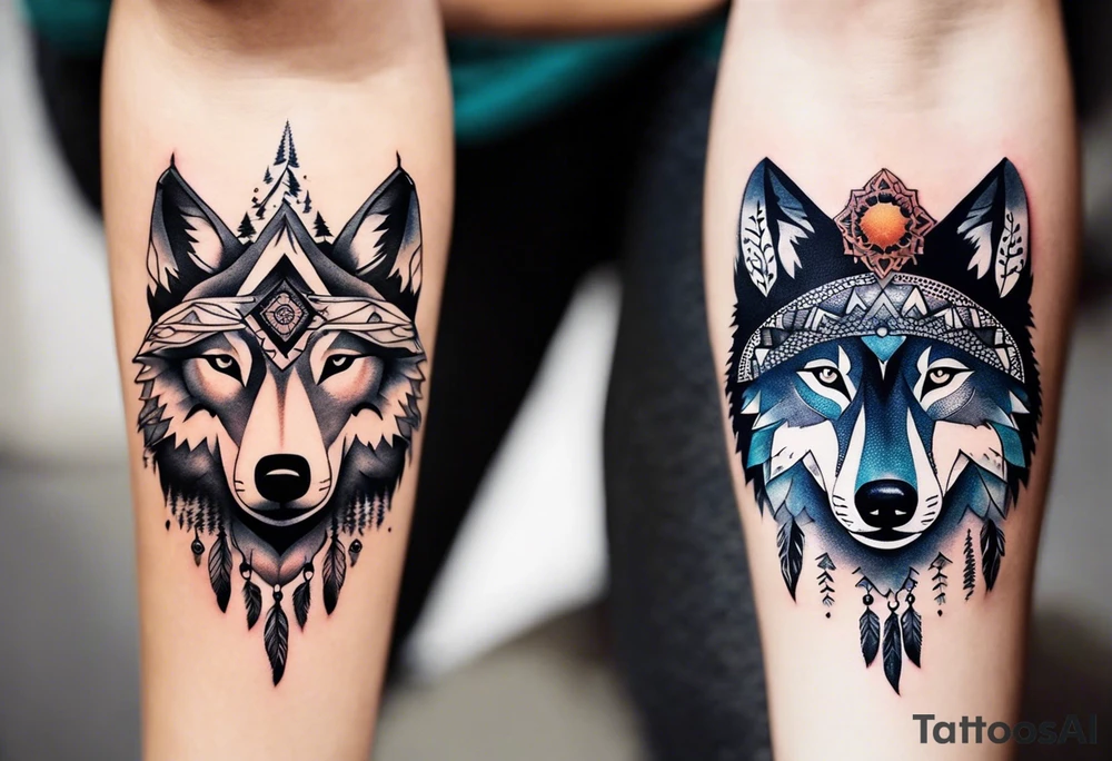 A whimsical wolf tattoo featuring mandala or dream catcher elements, with the wolf as the central focus, surrounded by mountains in the background. Include flowers and nature elements to fill the space around the wolf. Some color but not completely solid bold color tattoo idea