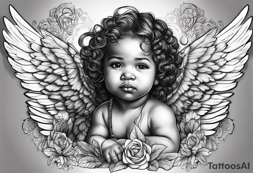 Mixed raced baby angel with Isaiah written underneath tattoo idea