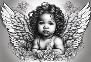 Mixed raced baby angel with Isaiah written underneath tattoo idea