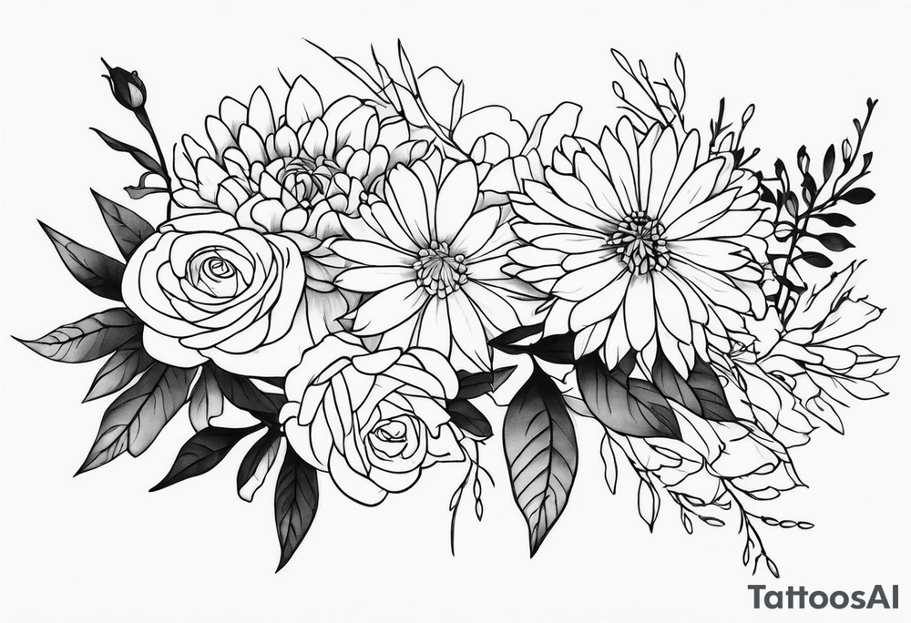 Asters, roses, hawthorns, and chrysanthemums in a long line tattoo idea