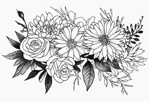 Asters, roses, hawthorns, and chrysanthemums in a long line tattoo idea