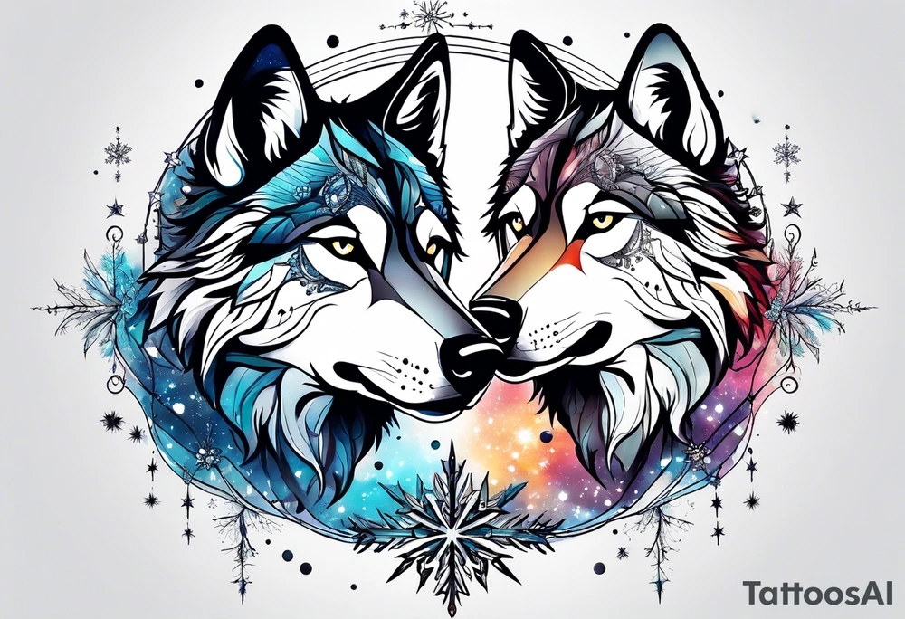 Constellation, two animal wolf, snowflake tattoo idea