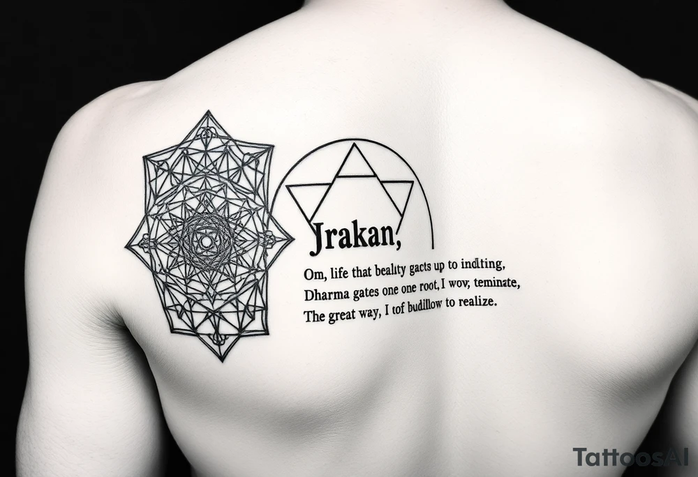Black ink. Start from wrist, up to a few inches above the elbow, and wrap all around the arm. Use densely interwoven scared geometry symbols of peace, prosperity, health, compassion, and spiritual awakening and enlightenment. Interweave the word “Rakan” and the word “Dalea”. And finally, interweave this text:

All beings one body, I vow to liberate.
Blind passions one root, I vow to terminate.
Dharma gates one mind, I vow to penetrate.
The great Way of Buddha, I vow to realize. tattoo idea