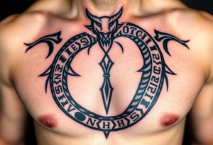 A Viking-inspired Ouroboros with Norse runes engraved along its body, colored in deep charcoal with silver etchings. tattoo idea