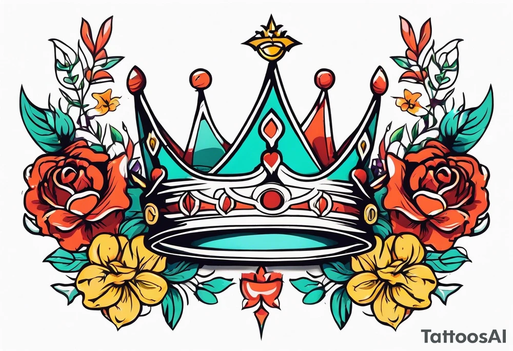 sword traditonal vintage tattoo crown colorful with flowers tattoo idea