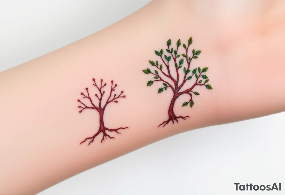 Two tree tattoos, one larger and one smaller, in rich earthy browns and deep green leaves, symbolizing family roots tattoo idea