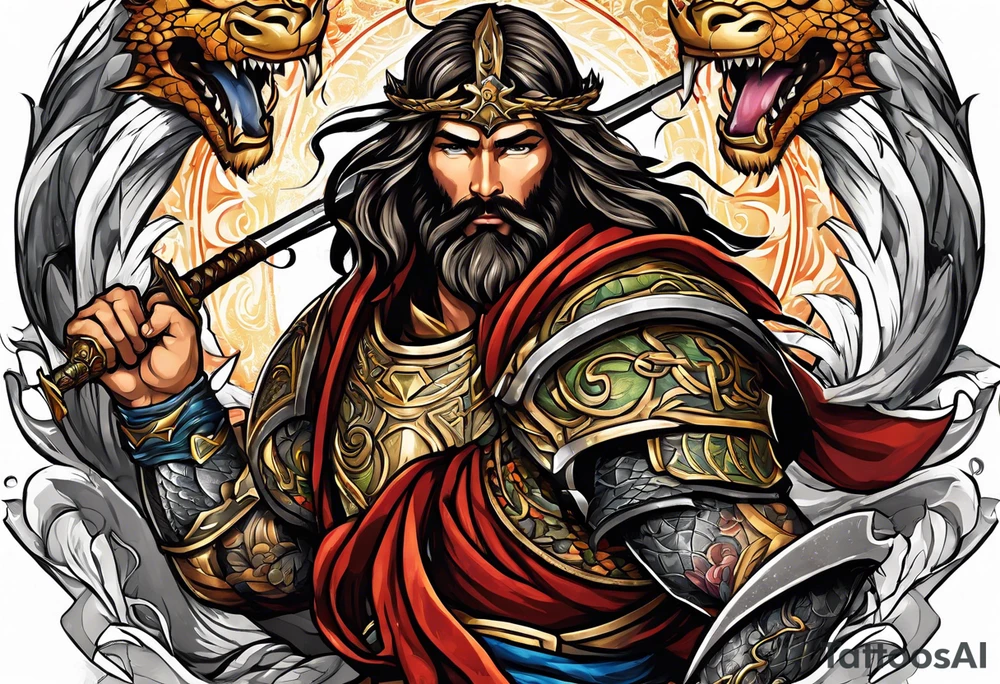 Almighty powerful Jesus in his indestructible armor fighting Serpent tattoo idea