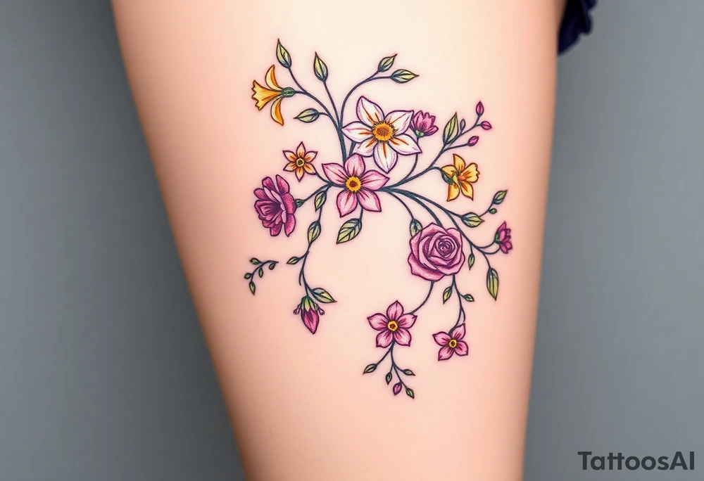 Vine with flowers: daffodil,
Lily, chrysanthemum, rose, aster, narcissus tattoo idea