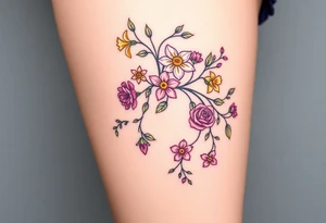Vine with flowers: daffodil,
Lily, chrysanthemum, rose, aster, narcissus tattoo idea