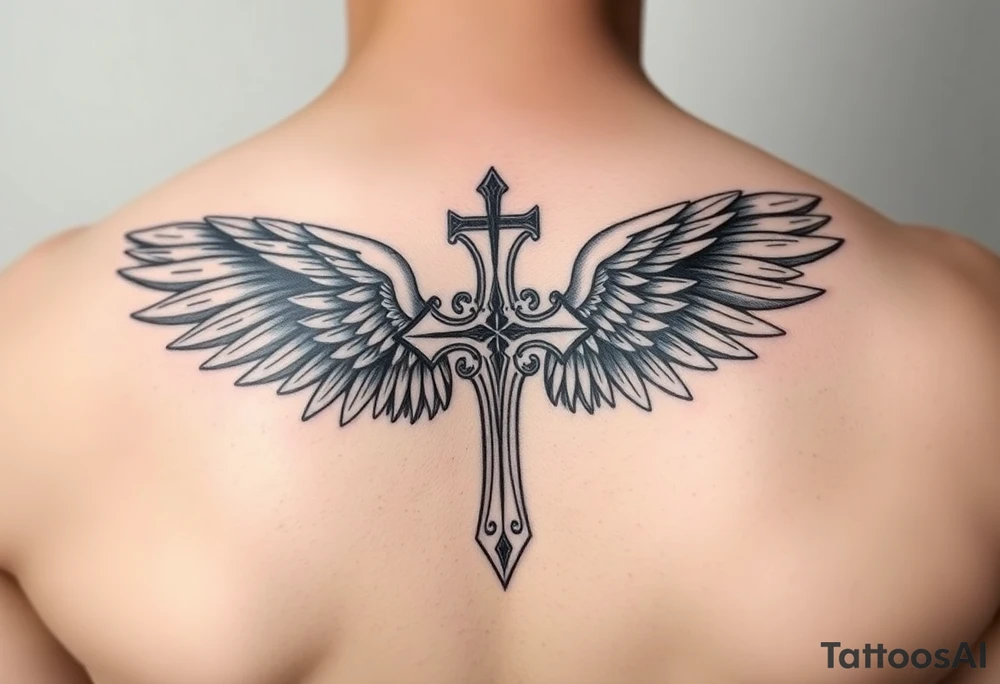 shoulder templar cross angel wings mystical tribal background tattoo idea