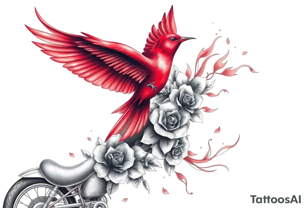 Motorcycle, red bird flying, roses and lace, flames tattoo idea