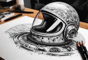 Skull under a split in half astronaut helmet tattoo idea