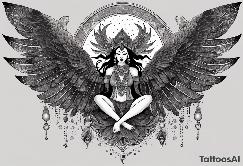 black kali, goddess pirate, alien, angel, pachamama, valkrye, warrior, flying, skull, lotus azul, wing, eagle, zenza resonance, stars, 5D, anahata chakra, death, durga, riding on a tiger, flying lady, kundalini, chest tatoo, samuri, rebel,serpent tattoo idea