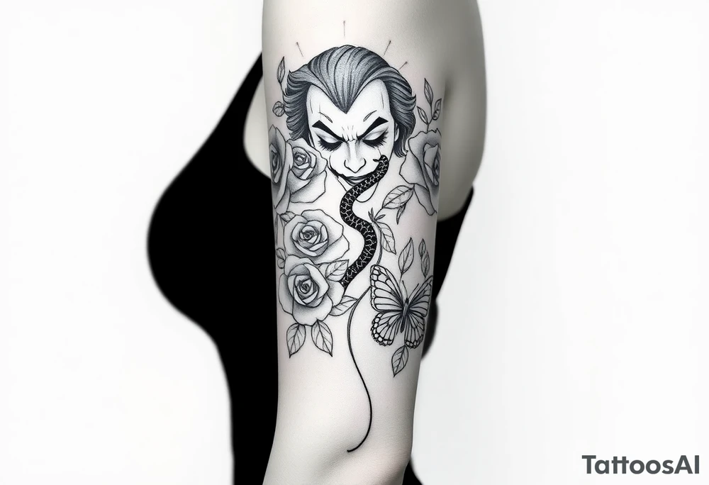 Joker tattoo with roses and a snake through the roses and money butterfly’s with filler ink full arm tattoo idea