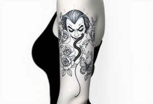 Joker tattoo with roses and a snake through the roses and money butterfly’s with filler ink full arm tattoo idea