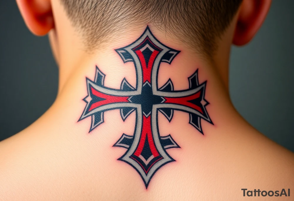 A bold black and red Maltese cross with silver outlines, tattoo idea
