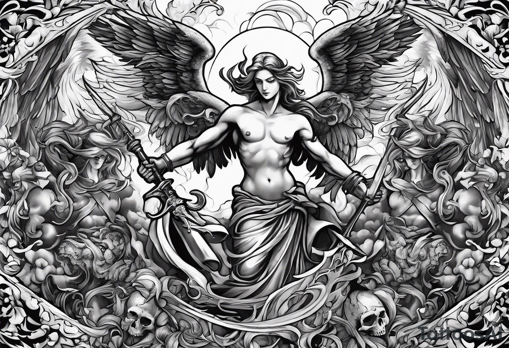 Angels fighting demons over fire with skuls in the background tattoo idea