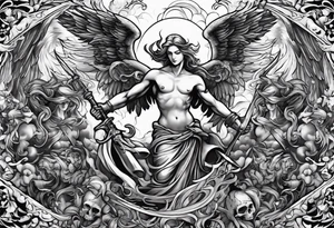 Angels fighting demons over fire with skuls in the background tattoo idea