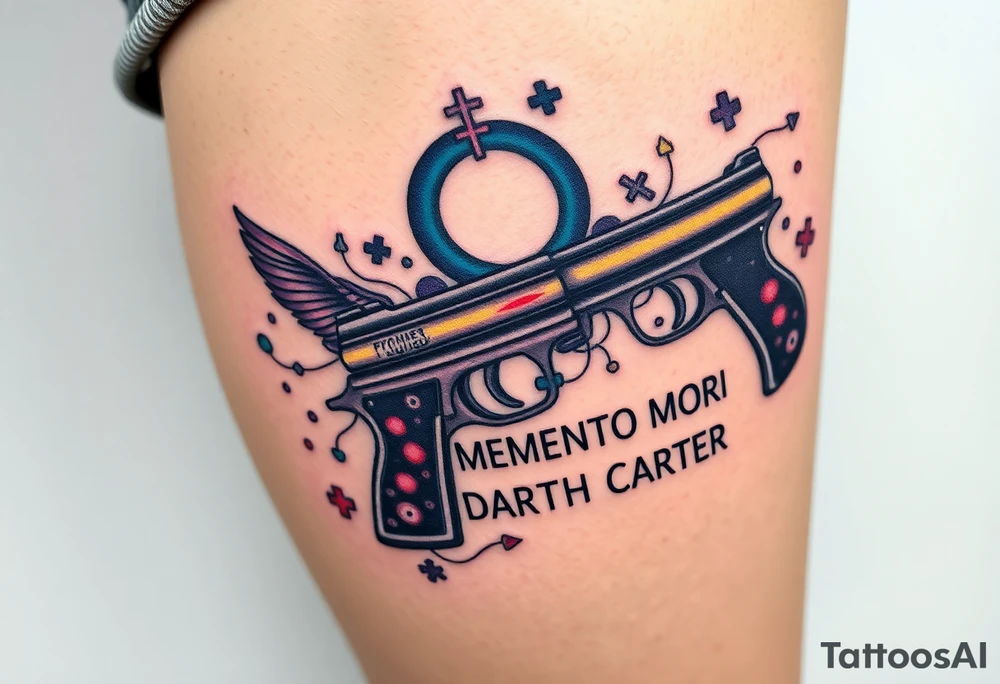 colorful futuristic memory tattoo for passed boyfriend;, Harley Davidson, skateboarding, puzzle pieces, video games, heaven, god, outdoors, beretta 9mm gun, disc golf, words "MEMENTO MORI" & DARTH CARTER tattoo idea