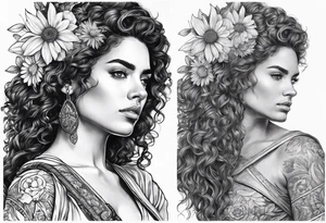 Spanish woman warrior curly hair half with sword sleeve arm wildflowers tattoo idea