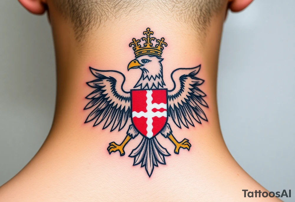 A majestic red and white Moravian eagle with golden crown on its head with a shield, featuring the traditional Moravian coat of arms tattoo idea