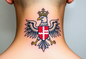 A majestic red and white Moravian eagle with golden crown on its head with a shield, featuring the traditional Moravian coat of arms tattoo idea