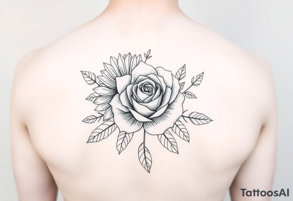 Hand-drawn tattoo-style illustration of a sunflower and a rose for a woman's arm. Surrounding the flower is delicate, symmetrical greenery and leaves. The overall style is simplistic, clean, and in greyscale line art, suitable for a tattoo design. Minimalist and elegant, with fine lines and no shading or color. tattoo idea