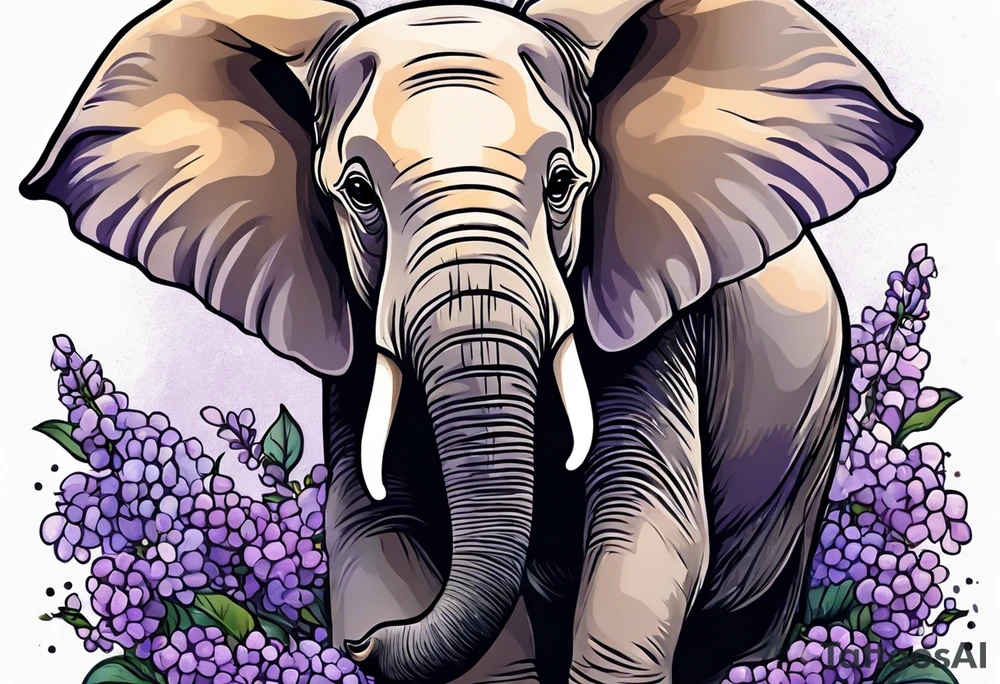 Baby elephant sitting with lilacs in its trunk tattoo idea
