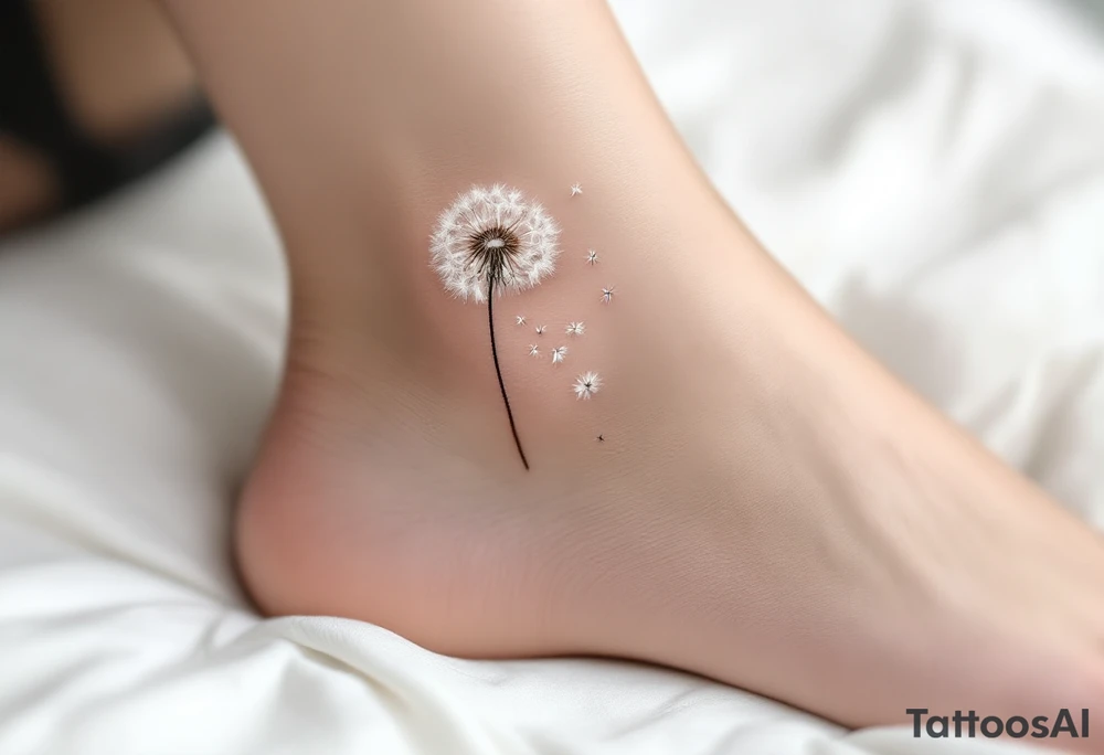 Dandelion puff rendered in soft white over pale gray shading, floating into barely-there seed trails on the ankle. tattoo idea