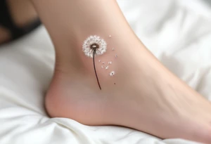 Dandelion puff rendered in soft white over pale gray shading, floating into barely-there seed trails on the ankle. tattoo idea