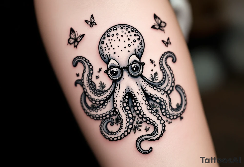 cute octopus, wearing glasses, friendly, surrounded by butterflies and oceanic items, grey ink, monochrome grey color tattoo idea