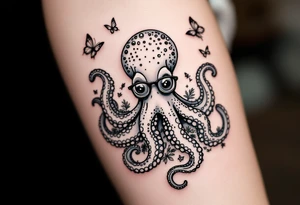 cute octopus, wearing glasses, friendly, surrounded by butterflies and oceanic items, grey ink, monochrome grey color tattoo idea
