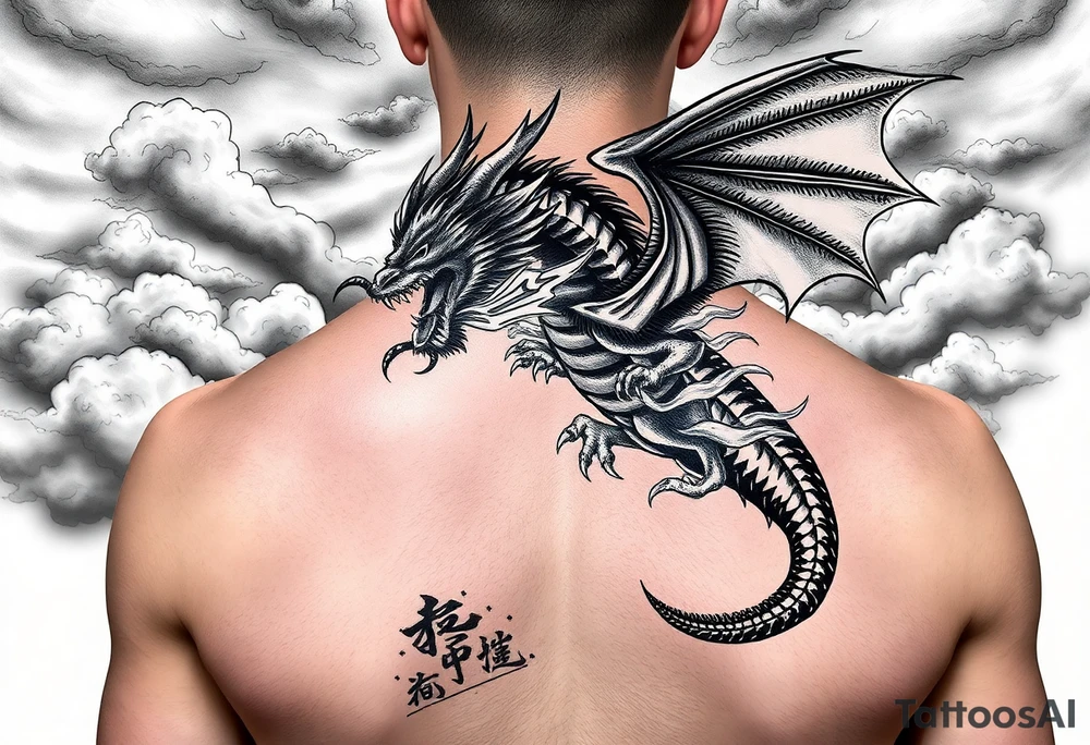 fierce dragon breathing iridescent fire against stormy skies tattoo idea