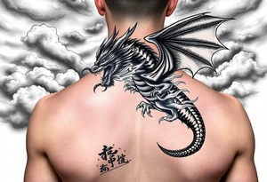 fierce dragon breathing iridescent fire against stormy skies tattoo idea