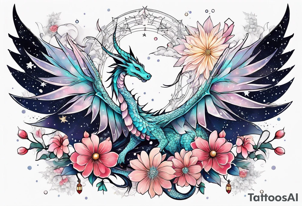 Constellation, wing , snow , cross , dragon female japan kawaii , flower tattoo idea
