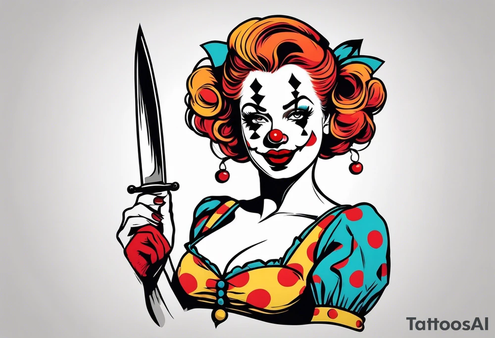 full body female pin up clown holding knife tattoo idea