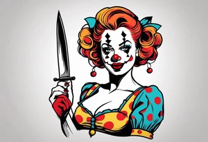 full body female pin up clown holding knife tattoo idea