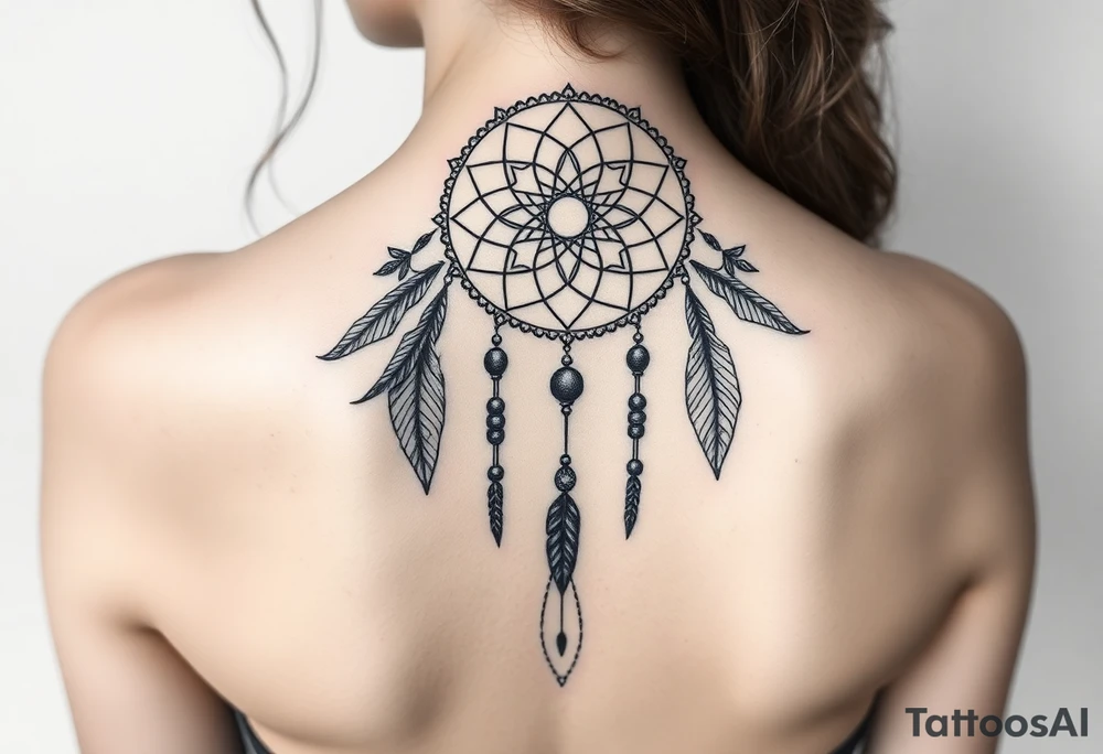 native dreamcatcher with flowing feathers and sacred beads tattoo idea