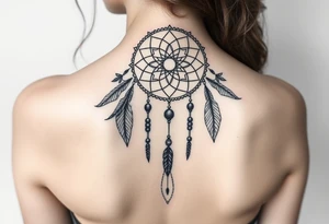 native dreamcatcher with flowing feathers and sacred beads tattoo idea