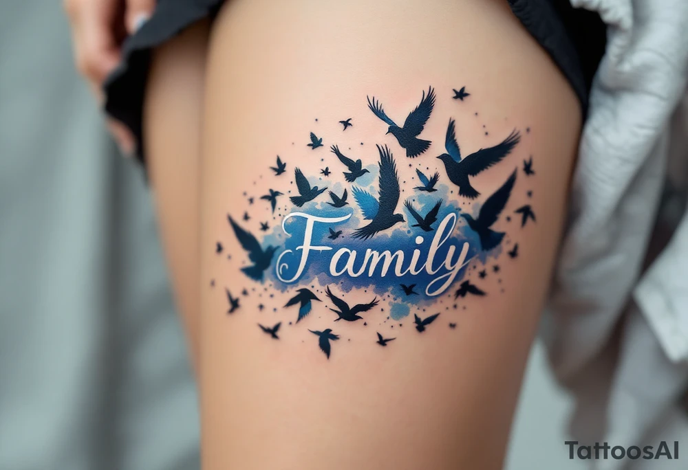 Family as a single word turning into a flock of birds in blue, black, and gray gradients. tattoo idea