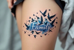 Family as a single word turning into a flock of birds in blue, black, and gray gradients. tattoo idea