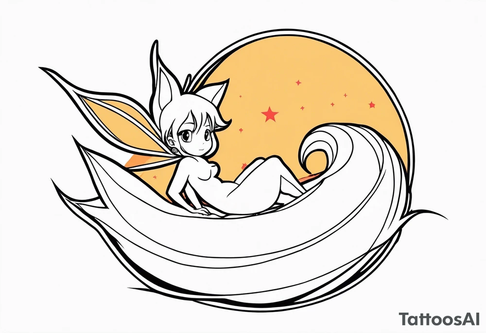 No color fairy with a tail inspired by the logo of the anime show called Fairy Tail in a fetal position leaning in and forward while sleeping tattoo idea