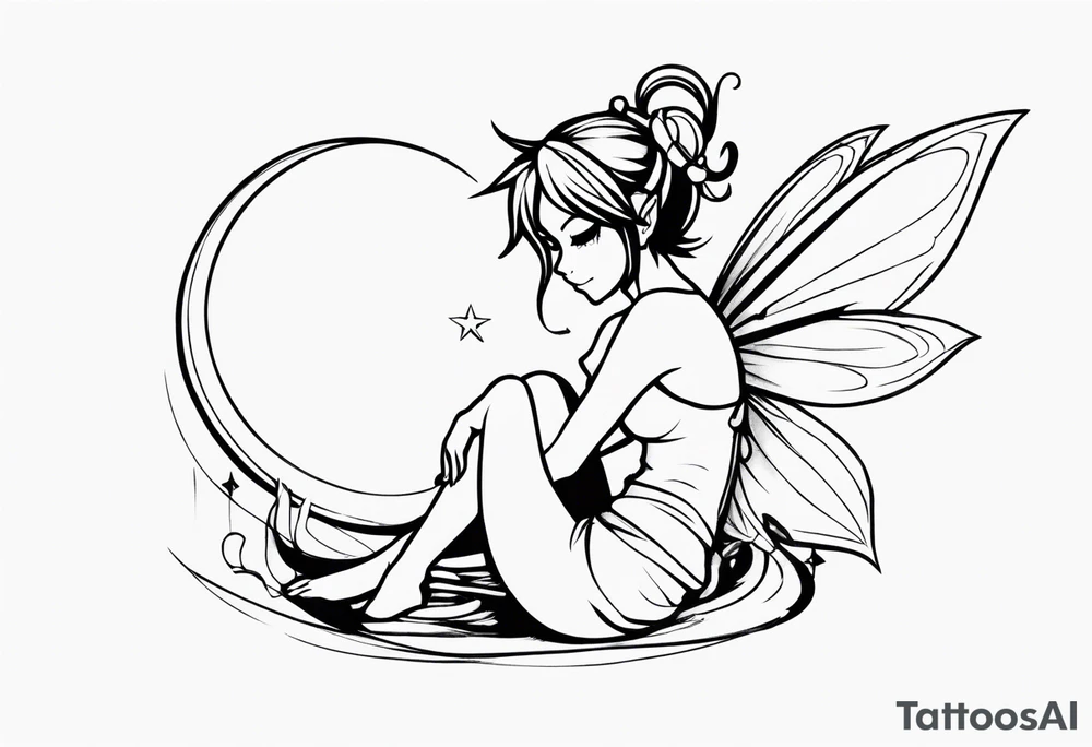 No color sketch of a fairy with a tail inspired by the guild symbol in the anime show called Fairy Tail in a fetal position leaning in and forward while crawled in tattoo idea