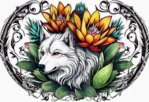 Lobo animal, cactos, flor tattoo idea