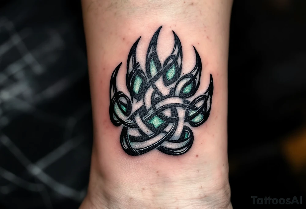 Celtic Wolf Paw Symbol – A wolf paw print where each pad is formed by tight Celtic knots in black ink with green highlights. tattoo idea