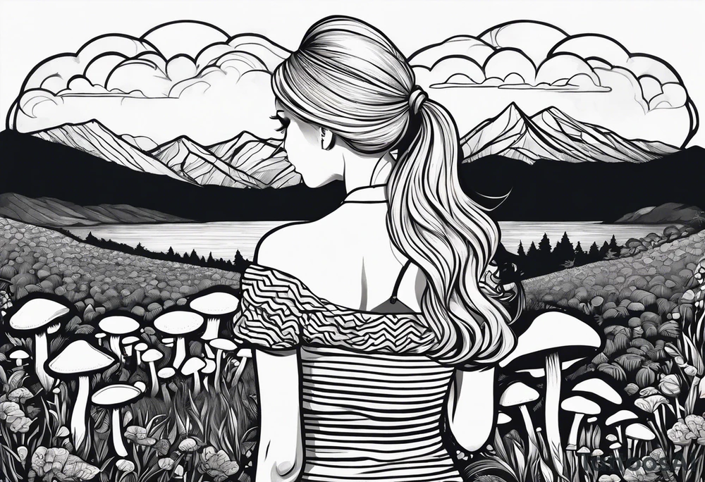 Straight blonde hair girl holding mushrooms in hand facing away toward mountains surrounded by mushrooms circular design black and white striped dress tattoo idea